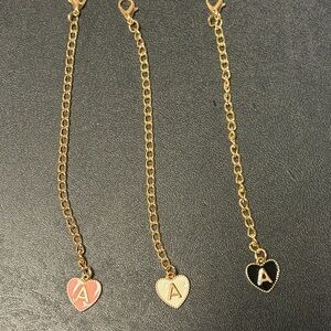 Gold Heart Initial “A” Charm Bracelets; Pink, White, and Black